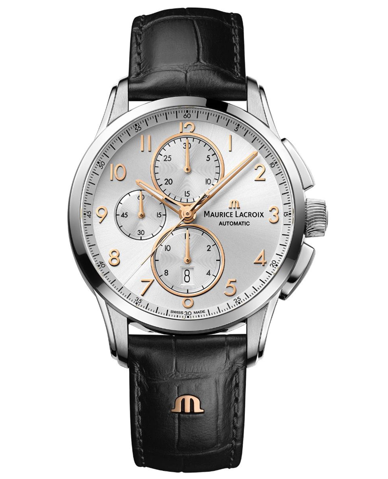 Maurice Lacroix Maurice Lacroix Pontos Chronograph PT6388-SS001-220-2  PT6388-SS001-220-2 механические мужские часы серебристый циферблат, браслет кожаный — вид спереди