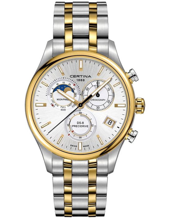 Certina Certina DS-8 Chronograph Moon Phase C033.450.22.031.00 DS 8 C0334502203100 кварцевые мужские часы серебристый циферблат, браслет сталь c pvd покрытием — вид спереди