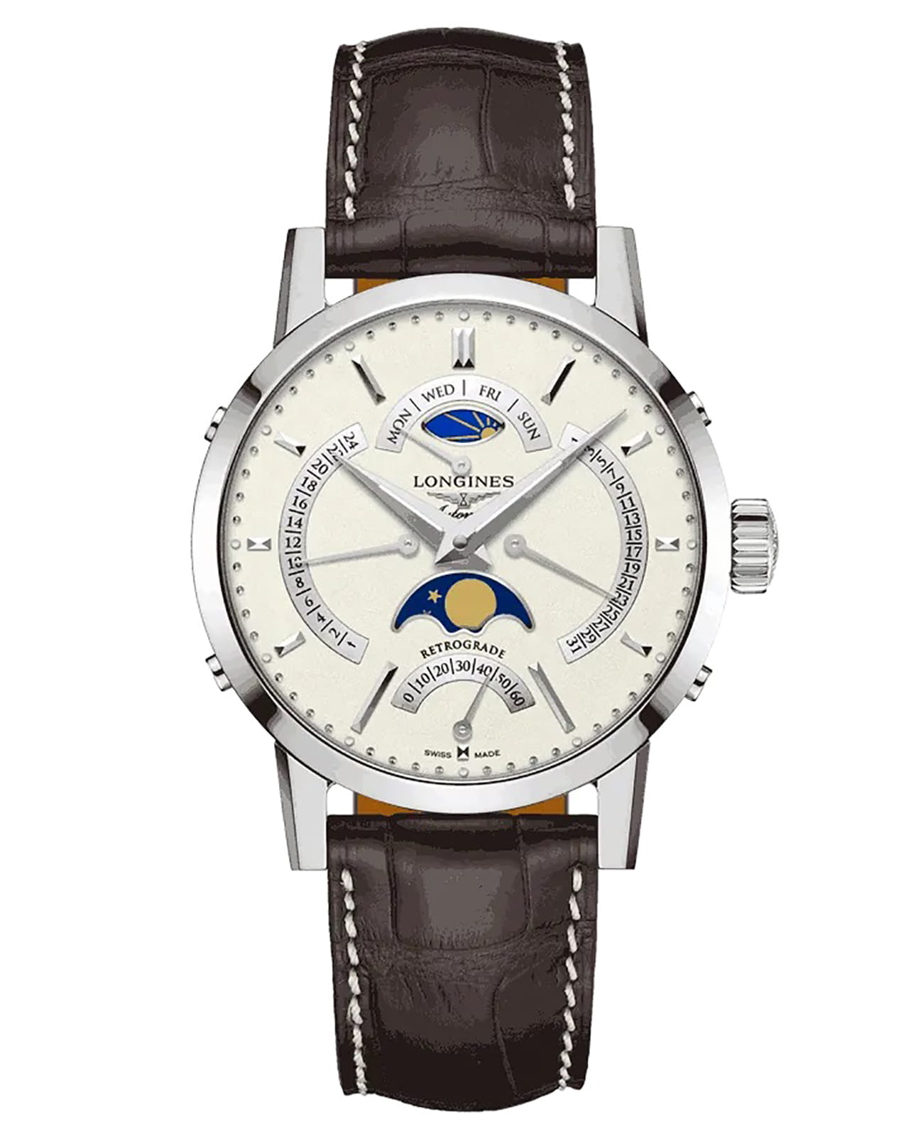 Longines Longines 1832 L4.828.4.92.4  L48284924 механические мужские часы бежевый циферблат, браслет кожаный — вид спереди