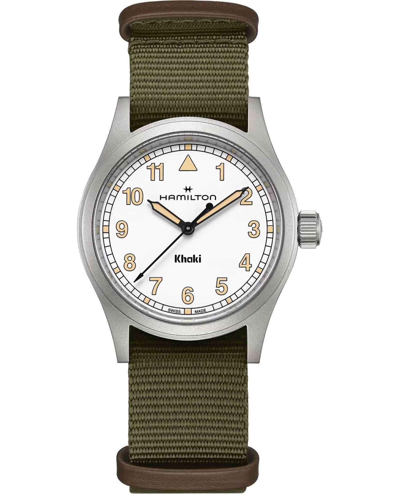 Hamilton Hamilton Khaki Field Quartz 38mm H69401910  H69401910 кварцевые мужские часы белый циферблат, браслет тканевый — вид спереди