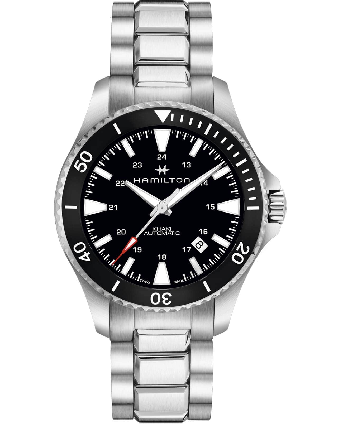 Hamilton Hamilton Khaki Navy Scuba Auto H82335131  H82335131 механические мужские часы черный циферблат, браслет нержавеющая сталь — вид спереди