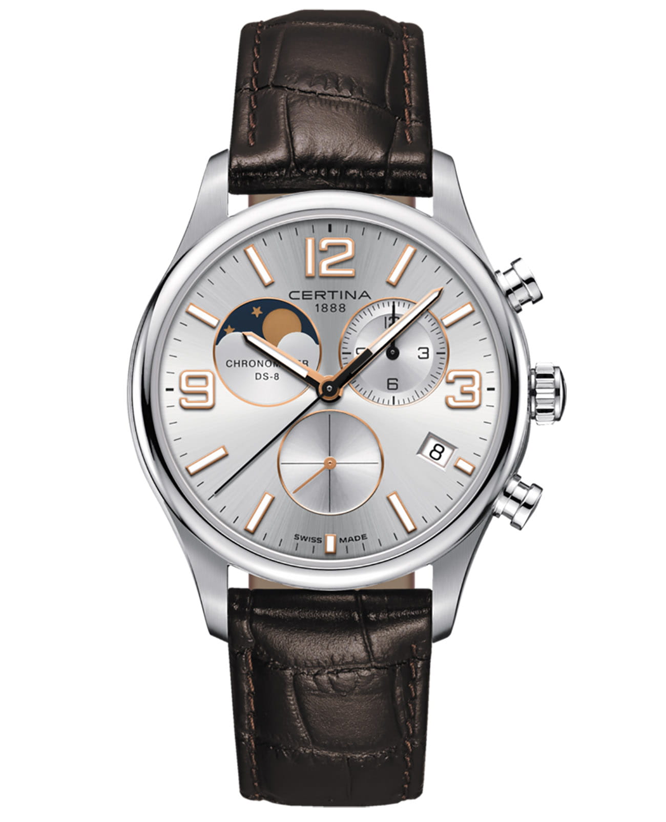Certina Certina DS-8 Moon Phase C033.460.16.037.00 DS 8 C0334601603700 кварцевые мужские часы серебристый циферблат, браслет кожаный — вид спереди