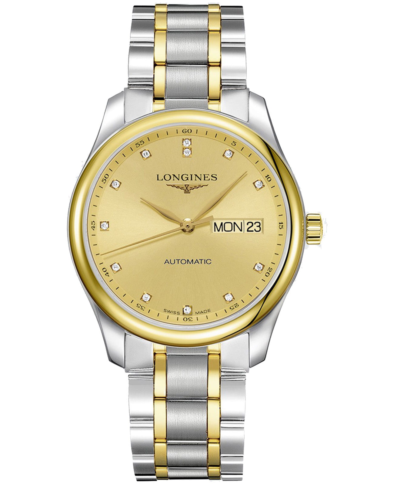 Longines Longines Master Collection L2.755.5.37.7  L27555377 механические мужские часы золотой циферблат, браслет нержавеющая сталь + золото 18к — вид спереди