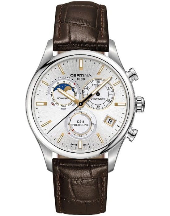 Certina Certina DS-8 Chronograph Moon Phase C033.450.16.031.00 DS 8 C0334501603100 кварцевые мужские часы серебристый циферблат, браслет кожаный — вид спереди