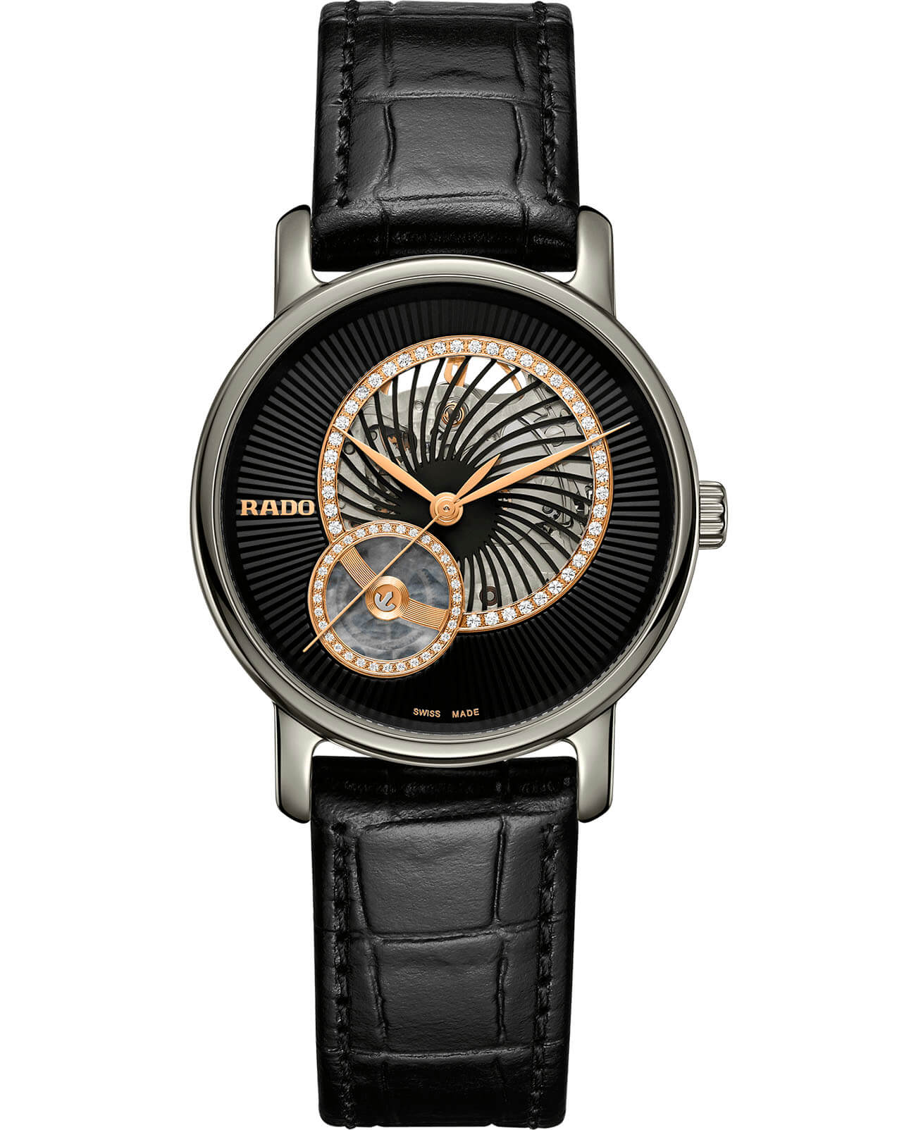 Rado Rado Diamaster Automatic Open Heart R14056955 Automatic R14056955 механические женские часы черный циферблат, браслет кожаный — вид спереди