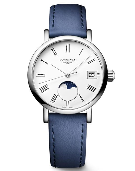 Longines Longines Elegant Collection Moonphase L4.330.4.11.2  L43304112 кварцевые мужские часы белый циферблат, браслет кожаный — вид спереди