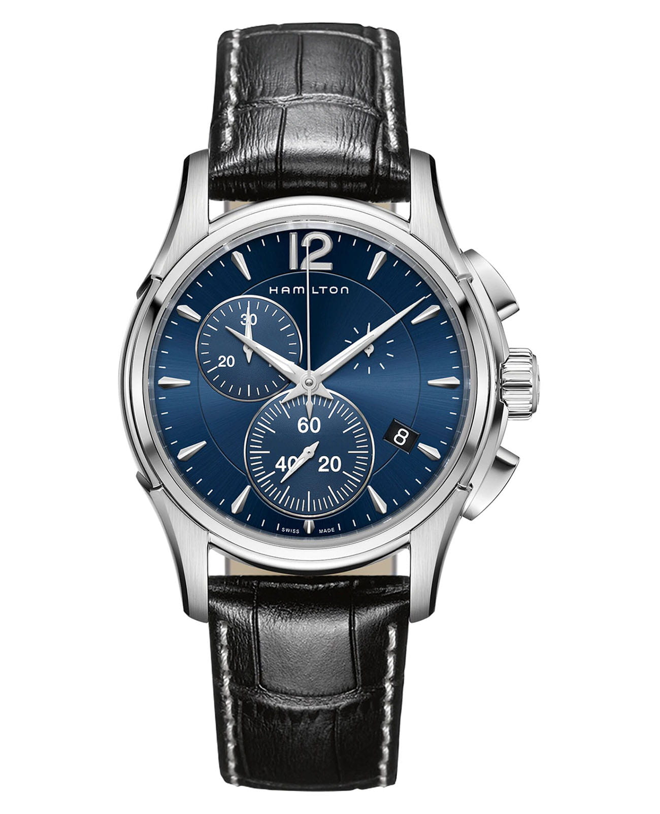Hamilton Hamilton Jazzmaster Chrono Quartz H32612741  H32612741 кварцевые мужские часы синий циферблат, браслет кожаный — вид спереди