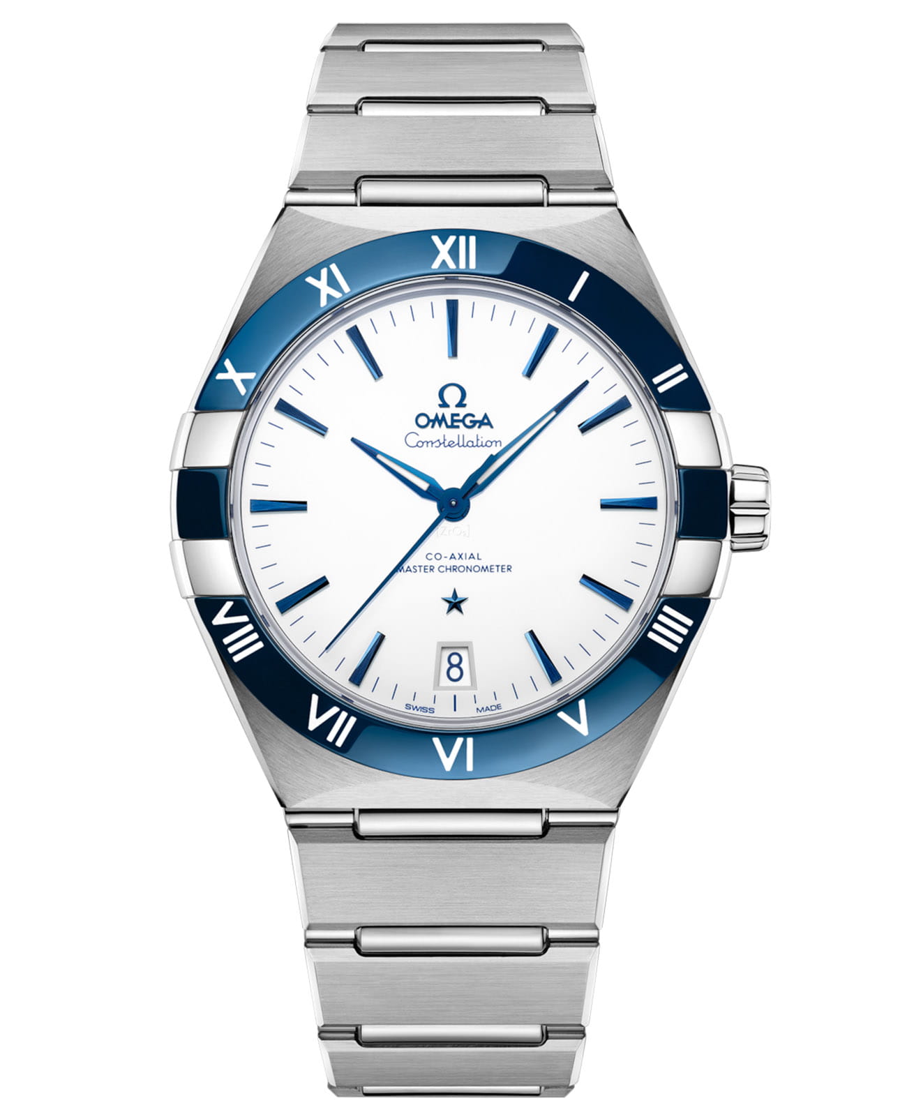 Omega Omega Constellation 131.30.41.21.04.001  13130412104001 механические мужские часы белый циферблат, браслет нержавеющая сталь — вид спереди