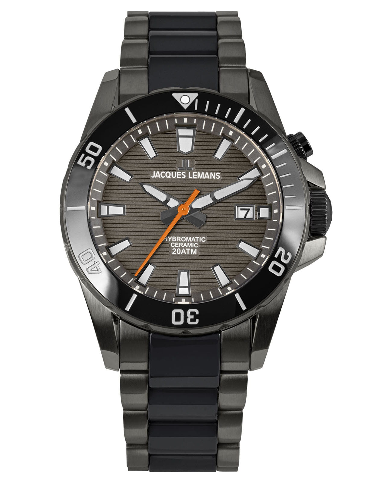 Jacques Lemans Jacques Lemans Hybromatic 1-2222A  1-2222A автокварц (кинетик) мужские часы серый циферблат, браслет сталь + pvd + керамика — вид спереди