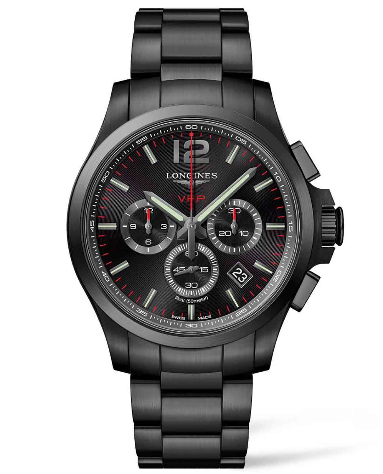 Longines Longines Conquest V.H.P. L3.717.2.66.6  L37172666 кварцевые мужские часы черный циферблат, браслет сталь c pvd покрытием — вид спереди