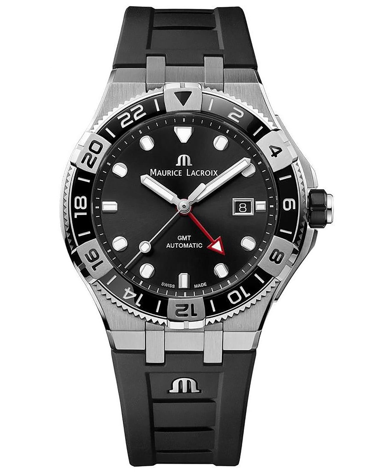 Maurice Lacroix Maurice Lacroix Aikon Venturer GMT AI6158-SS001-330-2  AI6158-SS001-330-2 механические мужские часы черный циферблат, браслет каучук — вид спереди