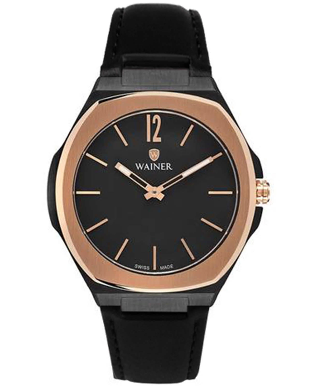 Wainer Wainer Vintage WA.10120-ASET  WA.10120-ASET кварцевые мужские часы черный циферблат, браслет кожаный — вид спереди