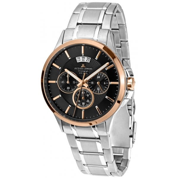 Jacques Lemans Jacques Lemans 1-1542J  1-1542J кварцевые мужские часы черный циферблат, браслет  — вид спереди