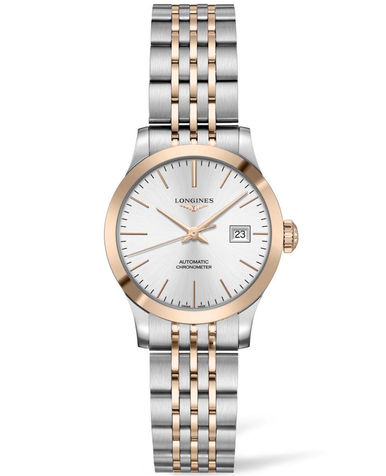 Longines Longines Record Collection L2.321.5.72.7  L23215727 механические женские часы серебристый циферблат, браслет нержавеющая сталь + золото 18к — вид спереди
