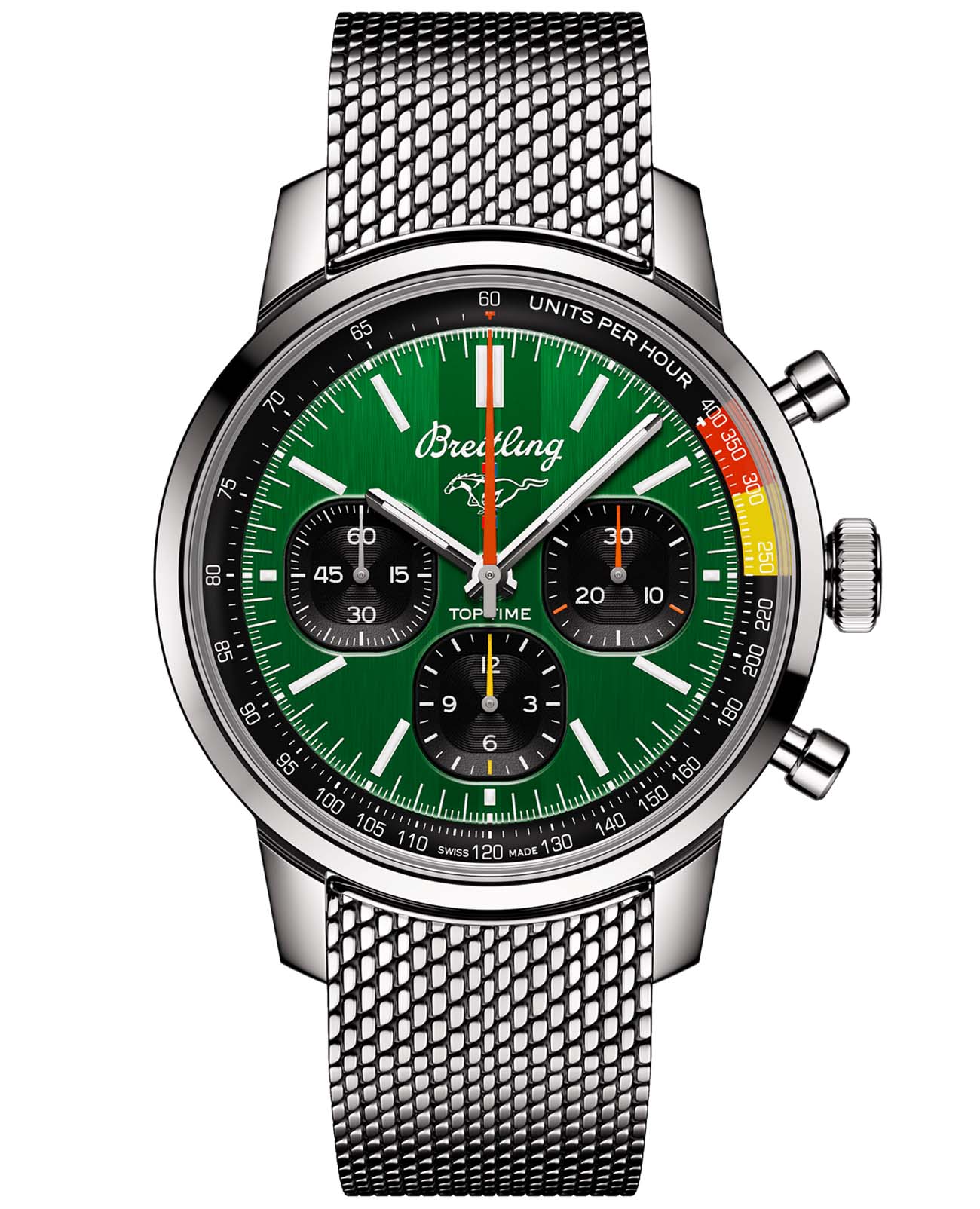 Breitling Breitling Top Time B01 Ford Mustang AB01762A1L1A1  AB01762A1L1A1 механические мужские часы зеленый циферблат, браслет нержавеющая сталь — вид спереди