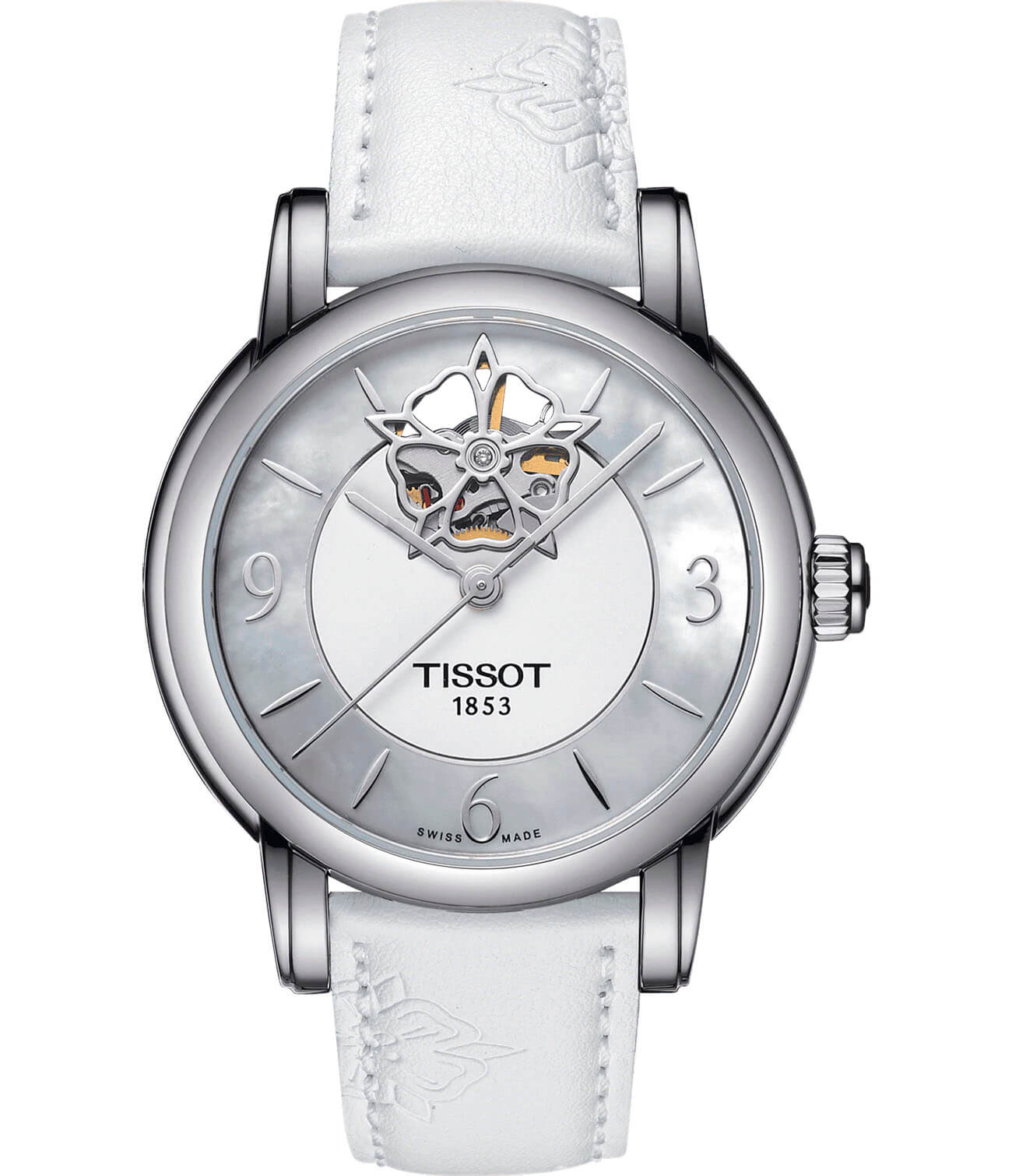 Tissot Tissot Lady Heart Powermatic 80 T050.207.17.117.04  T0502071711704 механические женские часы перламутровый циферблат, браслет кожаный — вид спереди