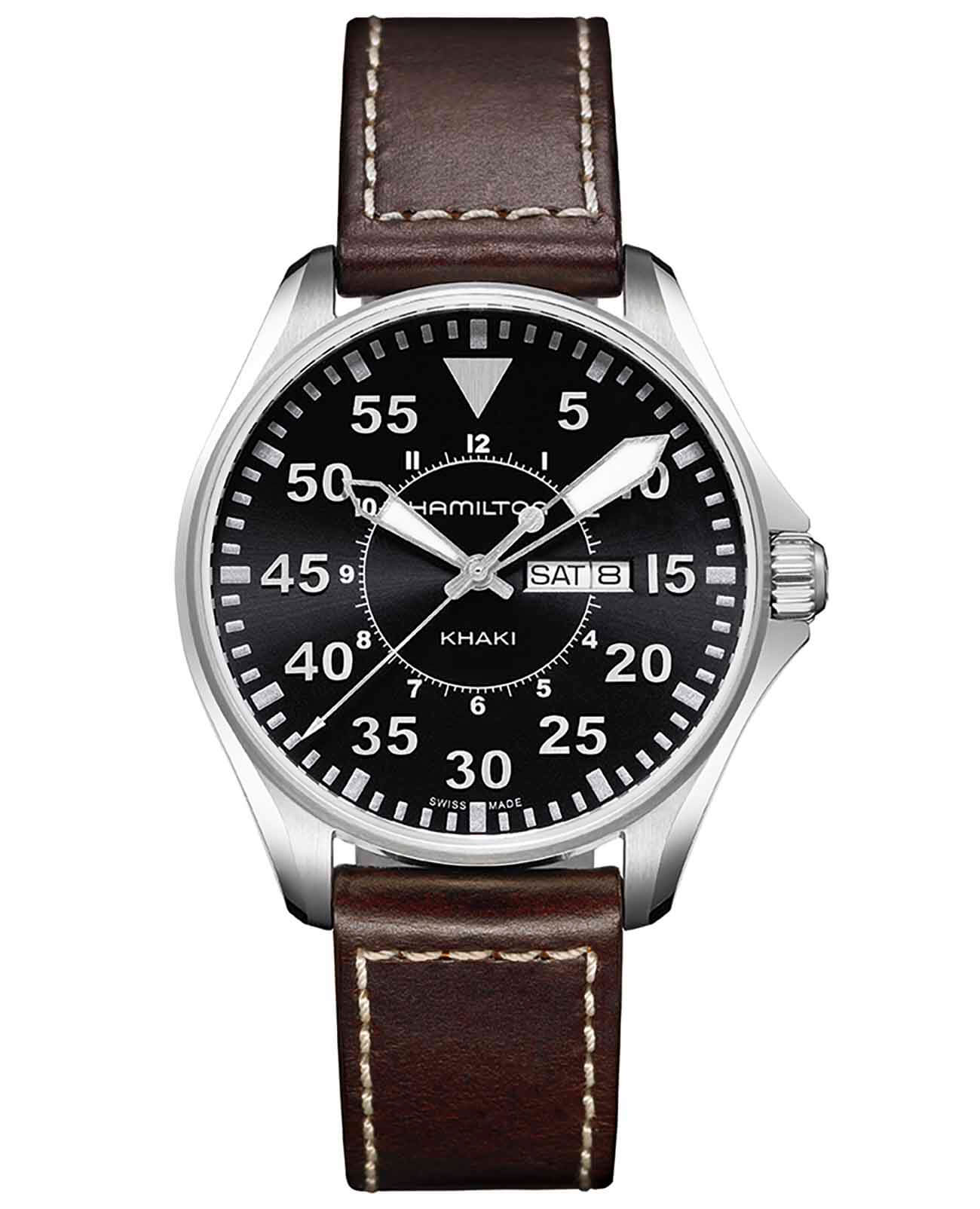 Hamilton Hamilton Khaki Aviation Pilot Day Date Quartz H64611535  H64611535 кварцевые мужские часы черный циферблат, браслет кожаный — вид спереди