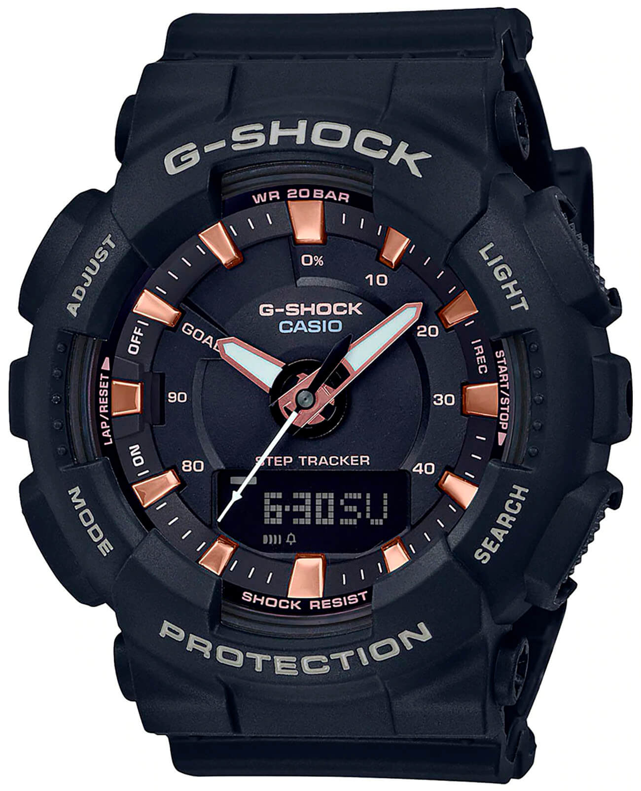 Casio Casio G-Shock GMA-S130PA-1A  GMA-S130PA-1A электронные женские часы черный циферблат, браслет пластик — вид спереди