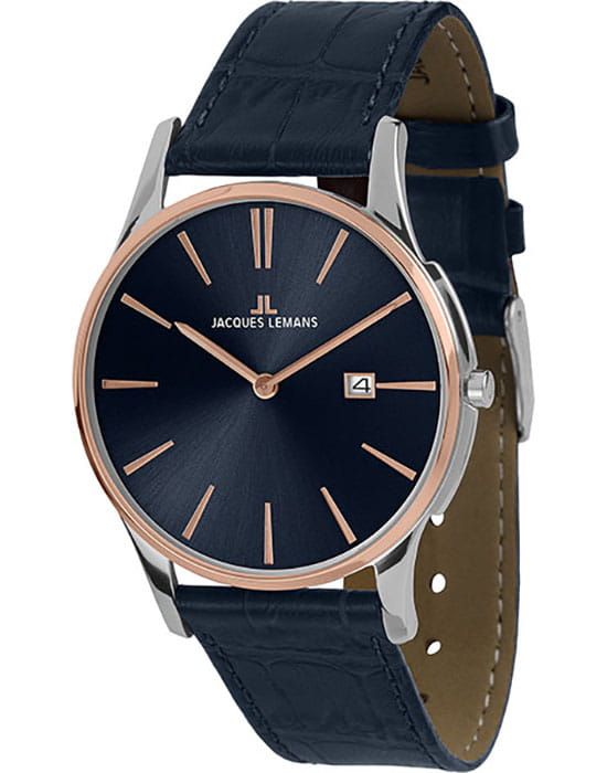 Jacques Lemans Jacques Lemans 1-1937G  1-1937G кварцевые женские часы синий циферблат, браслет кожаный — вид спереди