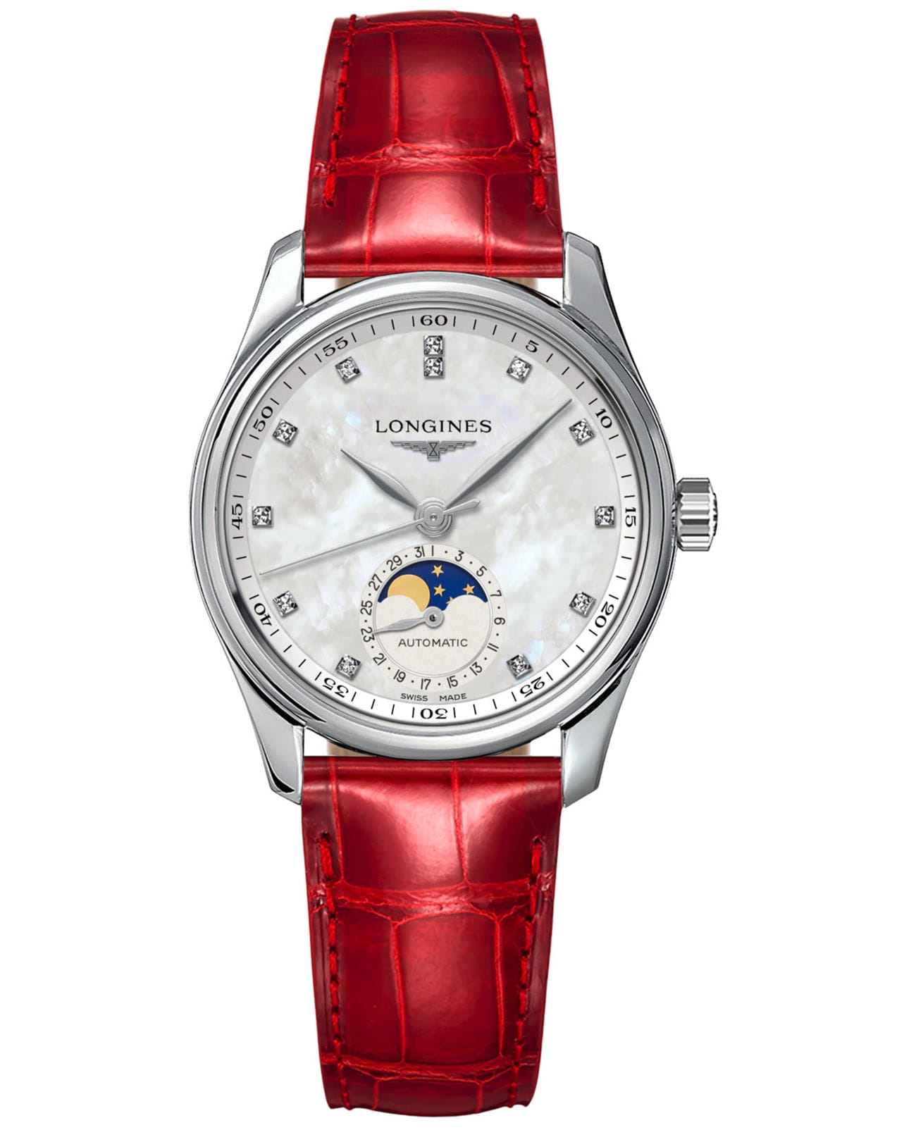 Longines Longines Master Collection L2.409.4.87.2  L24094872 механические женские часы белый циферблат, браслет кожаный — вид спереди