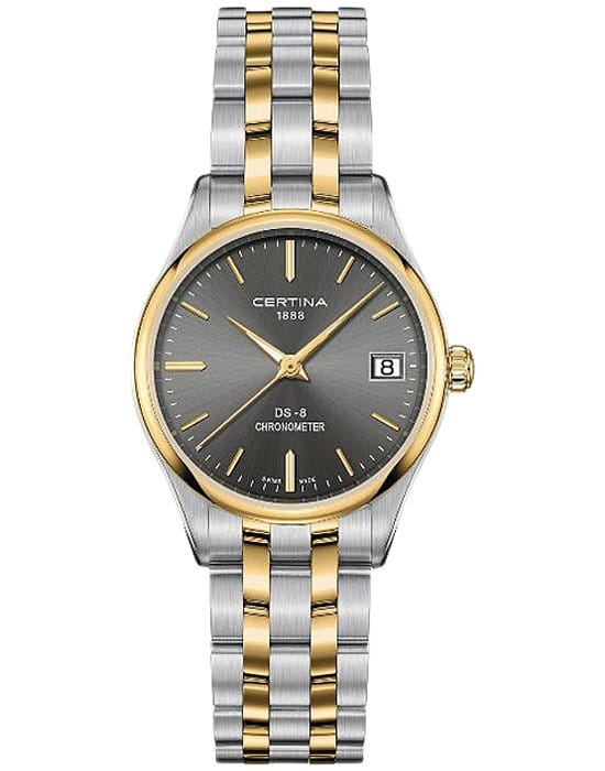 Certina Certina DS-8 Lady 30mm C033.251.22.081.00 DS 8 C0332512208100 кварцевые женские часы серый циферблат, браслет сталь c pvd покрытием — вид спереди