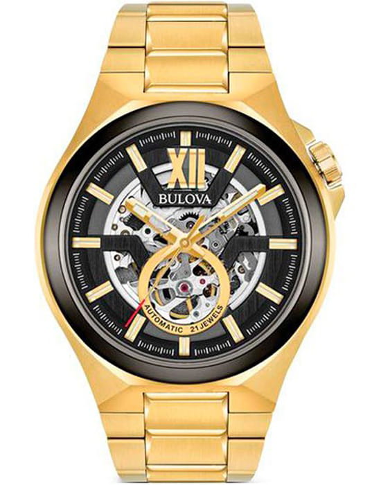 Bulova Bulova Maquina 98A178  98A178 механические мужские часы черный циферблат, браслет нержавеющая сталь с ip-покрытием — вид спереди
