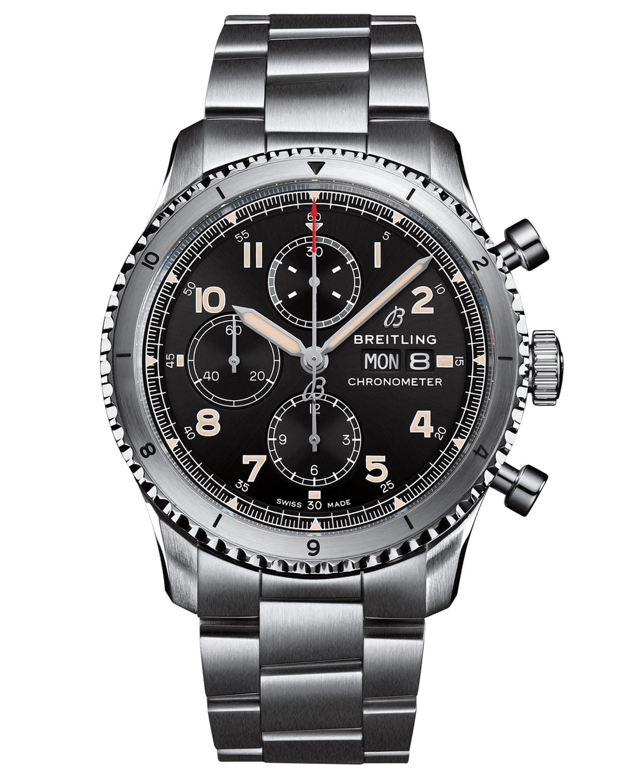 Breitling Breitling Aviator 8 Chronograph 43 A13316101B1A1  A13316101B1A1 механические мужские часы черный циферблат, браслет нержавеющая сталь — вид спереди