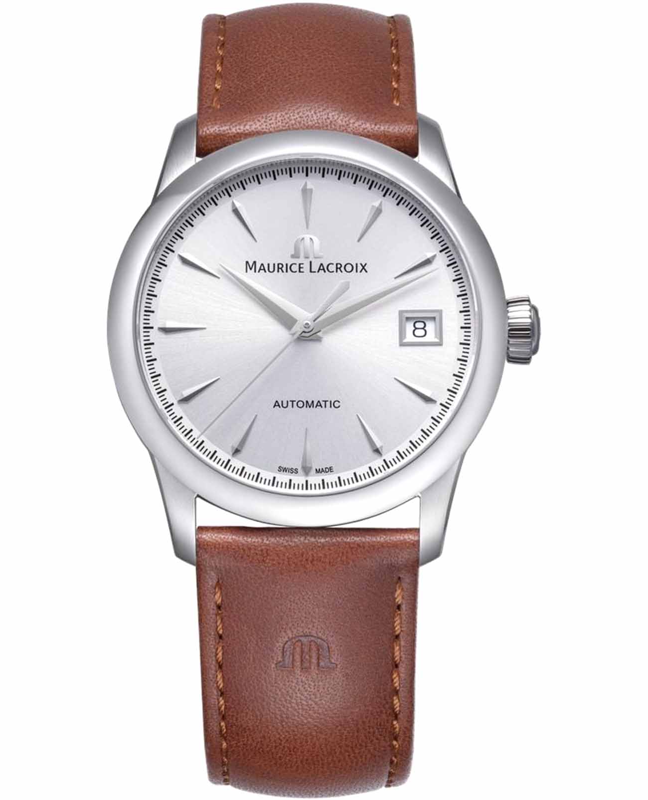 Maurice Lacroix Maurice Lacroix 1975 756007-SS001-130-3  756007-SS001-130-3 механические мужские часы серебристый циферблат, браслет кожаный — вид спереди