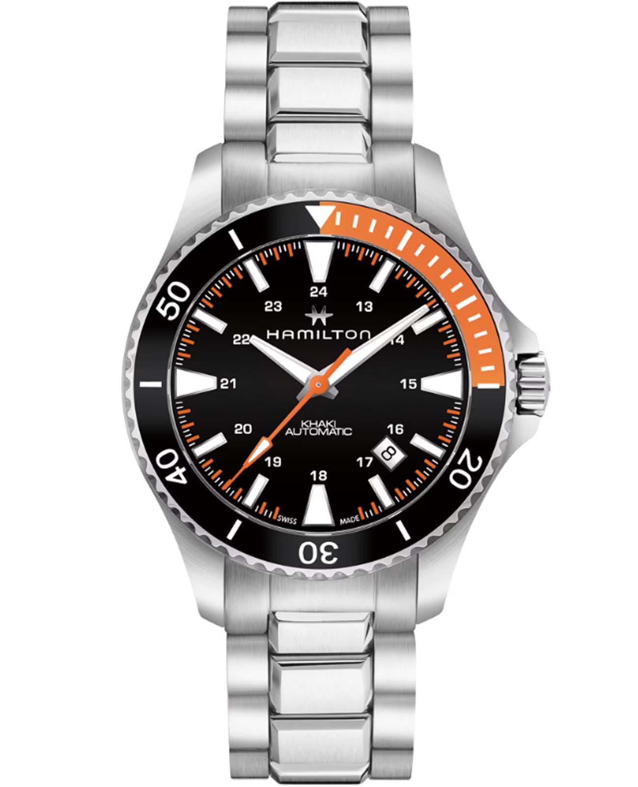 Hamilton Hamilton Khaki Navy Scuba Auto H82305131  H82305131 механические мужские часы синий циферблат, браслет нержавеющая сталь — вид спереди