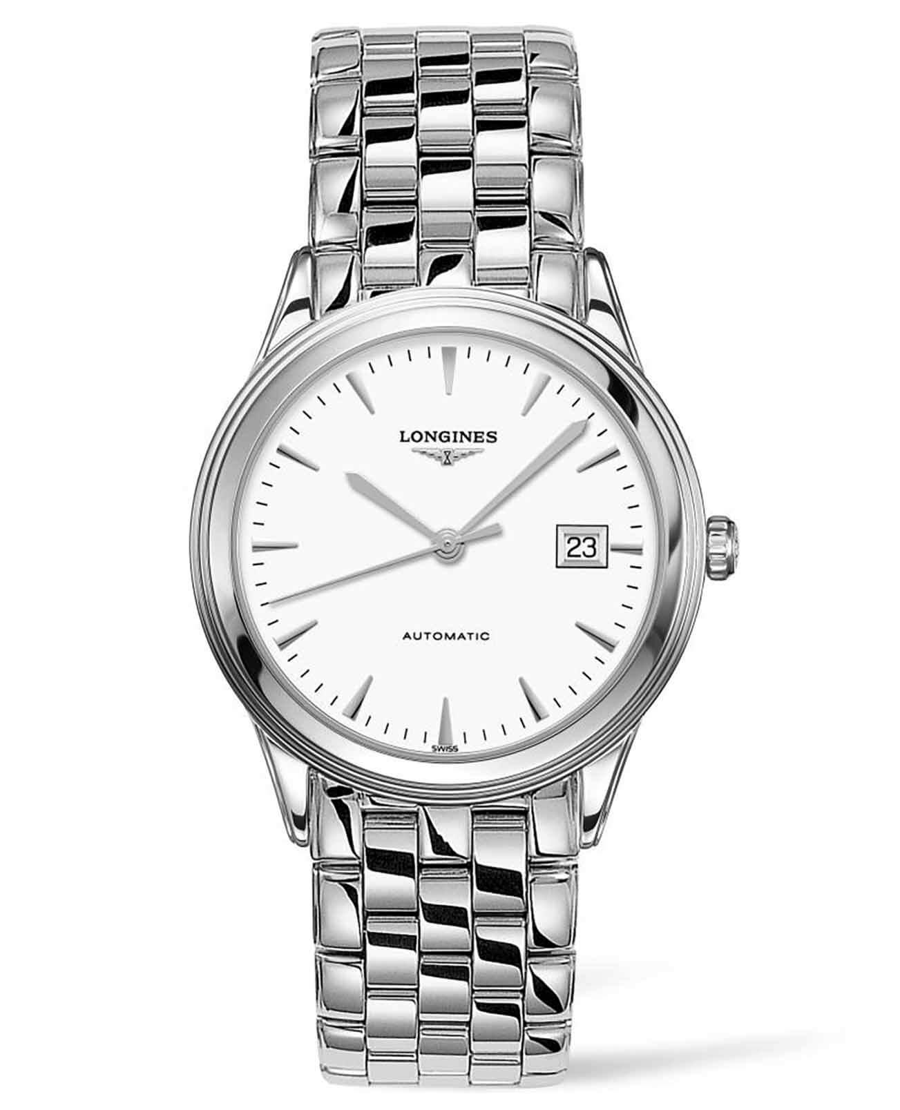 Longines Longines Flagship L4.974.4.12.6  L49744126 механические мужские часы белый циферблат, браслет нержавеющая сталь — вид спереди